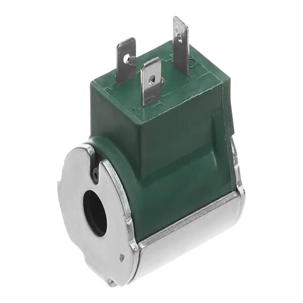 A green and silver Henny Penny gas valve coil with two wires.