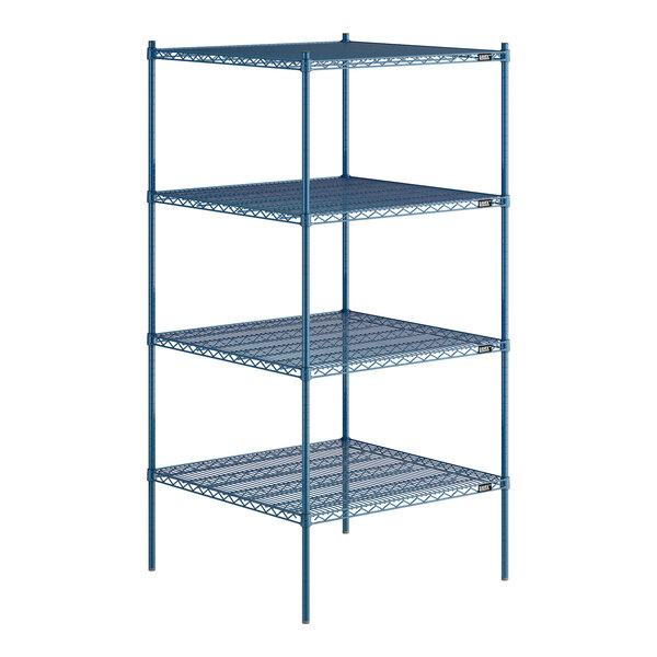 A blue metal wire shelving unit with four shelves.