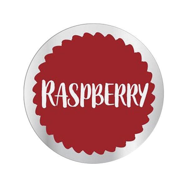 A white Bollin round sticker with a red circle and white text that reads "Raspberry"