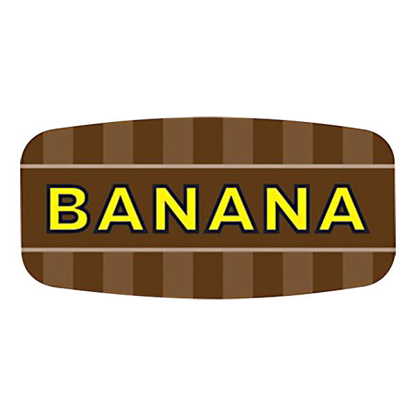 A yellow rectangular label with a brown background and a white banana logo with yellow lettering.