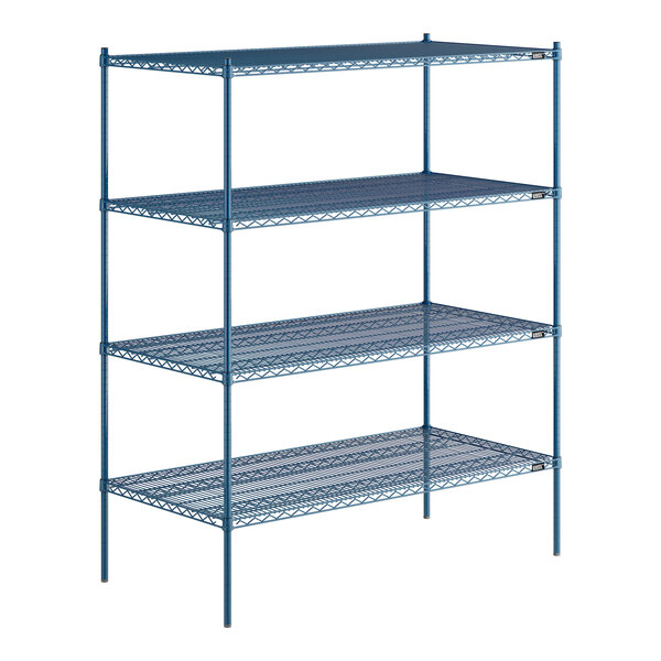 A blue metal Lavex Pro wire shelving unit with four shelves.