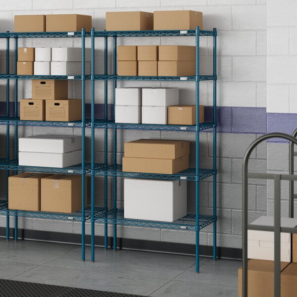 Blue Lavex Pro wire shelving with boxes on the shelves.