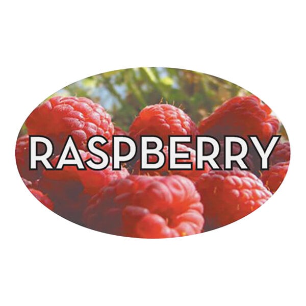 A white Bollin label with a red oval and the word "raspberry" above a group of raspberries.