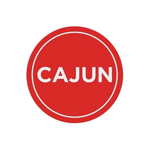 A white circle with the word "Cajun" in red.