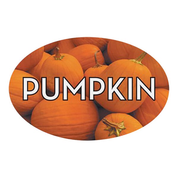 A white oval bakery sticker with the word "Pumpkin" in the center.