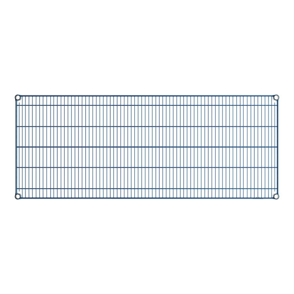 A blue wire shelf with a white background.