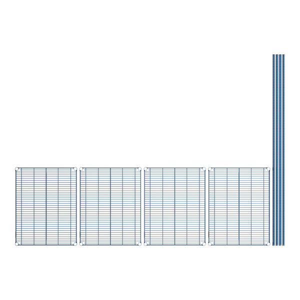 A row of blue wire shelves on a white background.