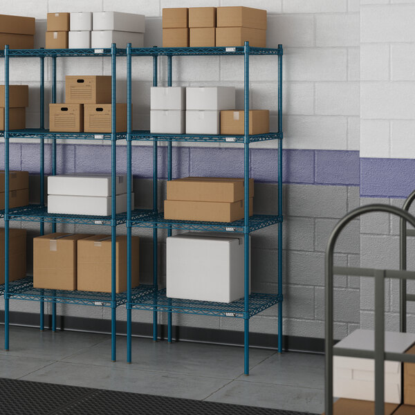 Blue metal wire shelves filled with boxes.