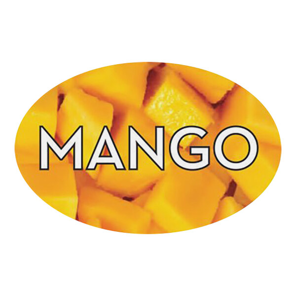 A Bollin oval bakery sticker with the word "Mango" in yellow.