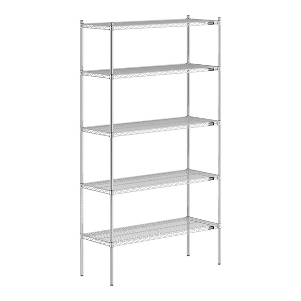 A Lavex Pro chrome wire shelving unit with four shelves.