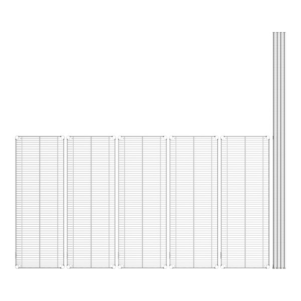 A close-up of a Lavex Pro wire shelf with white blinds on a window.