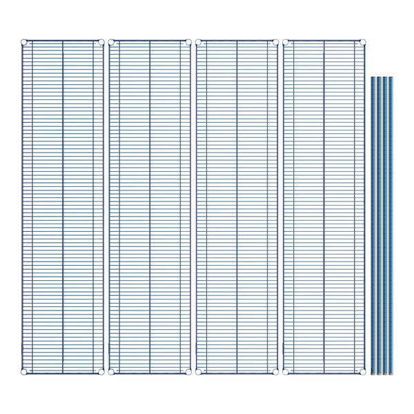 A row of blue grid shelves on a white background.