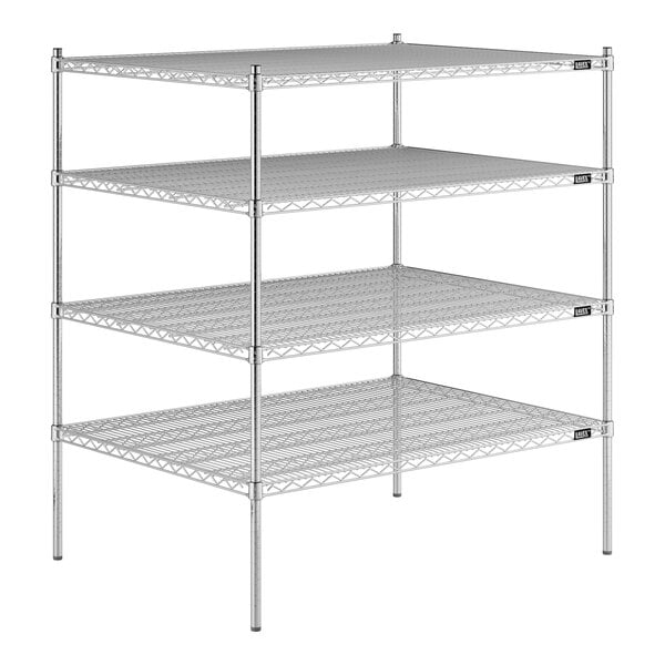 A Lavex Pro chrome wire shelving unit with four shelves.