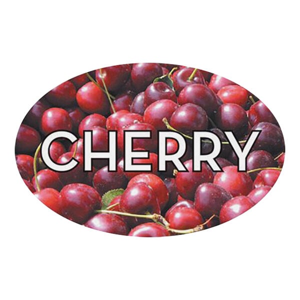 A white oval sticker with red text reading "Cherry" over a close-up of a red fruit.