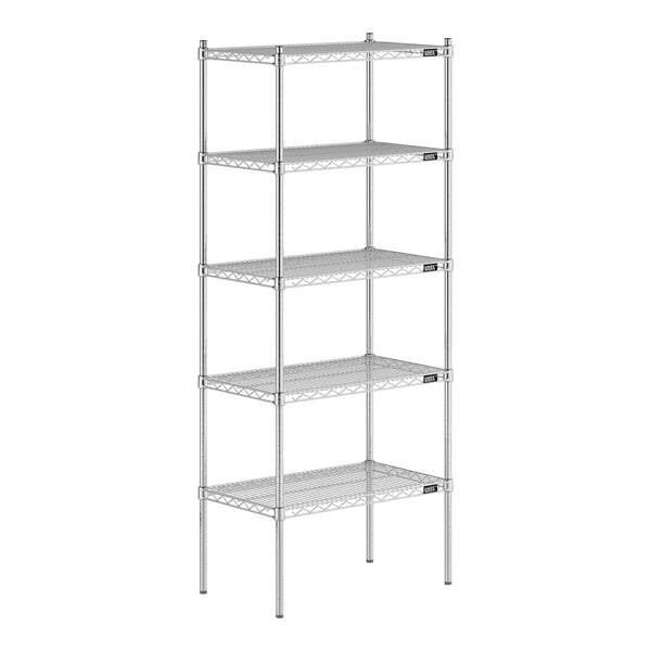 A Lavex Pro chrome wire shelving unit with four shelves.
