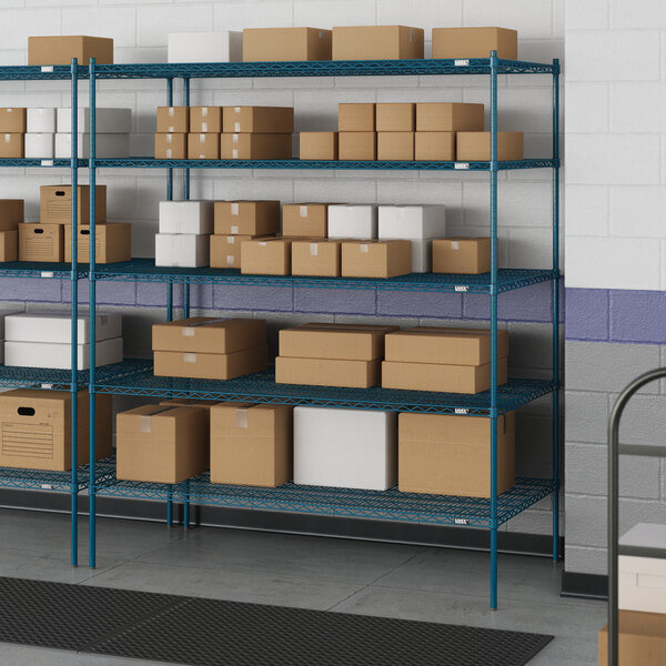 Blue Lavex Pro wire shelves with posts holding boxes.