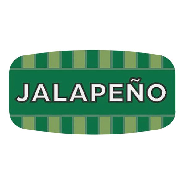 A white rectangular label with green and white stripes and white text that reads "Jalapeno"