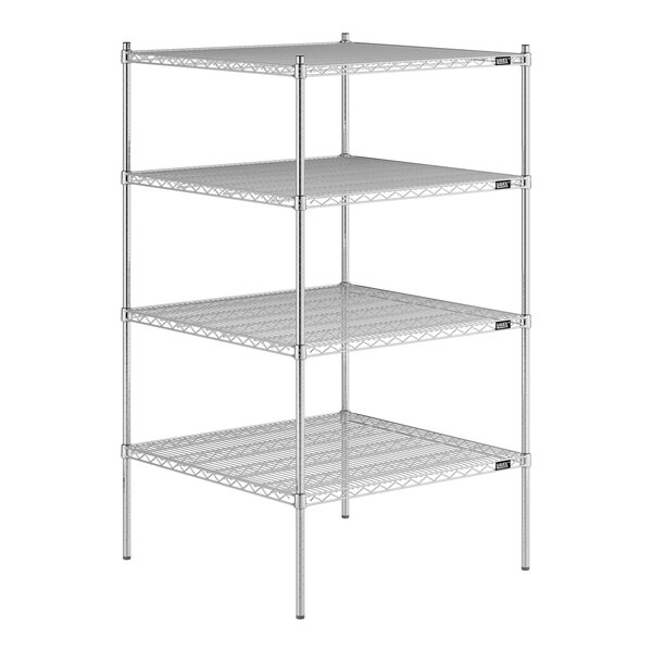 A Lavex Pro chrome wire shelving unit with 4 shelves.