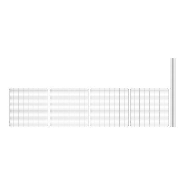 A white grid of wire shelves with metal poles.