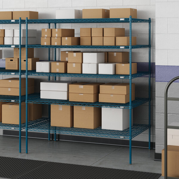 Lavex Pro blue wire shelving unit with boxes on the shelves.