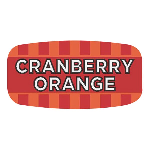 A red and white rectangular Bollin bakery label with white text that says "Cranberry Orange"