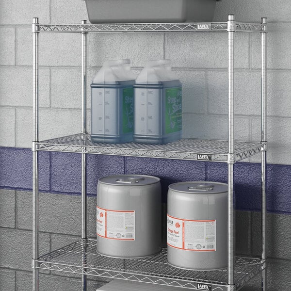 A Lavex Pro metal NSF wire shelf with containers on it.