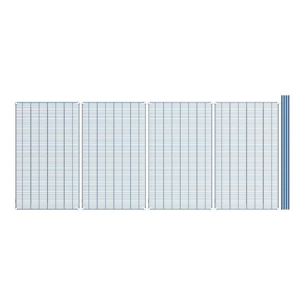 A grid of blue and white wire shelves.