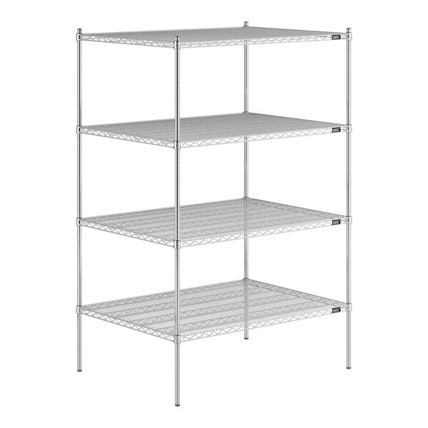 A Lavex Pro chrome wire shelving unit with shelves.