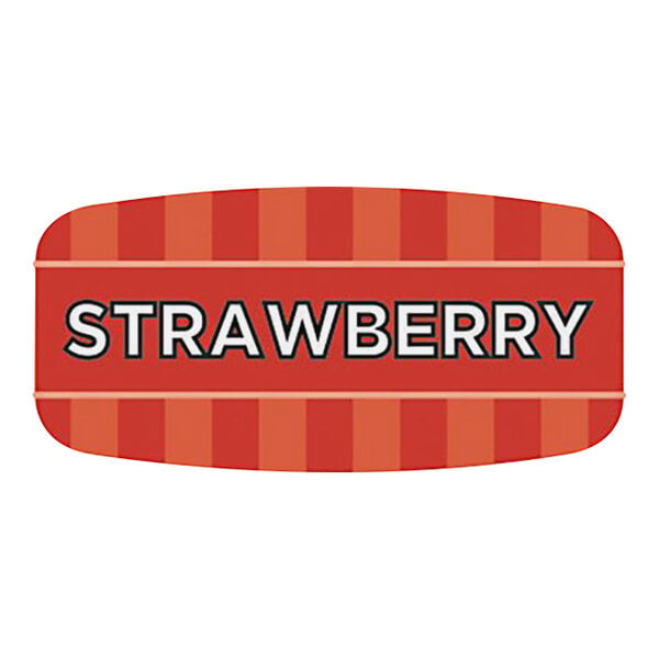 A white rectangular sticker with a red strawberry and white text.