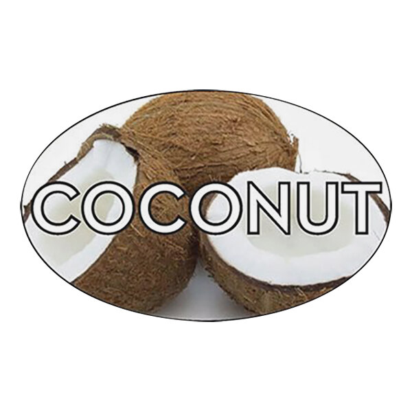 A close-up of a brown oval Bollin Bakery label with the text "Coconut" and a logo on a white background.