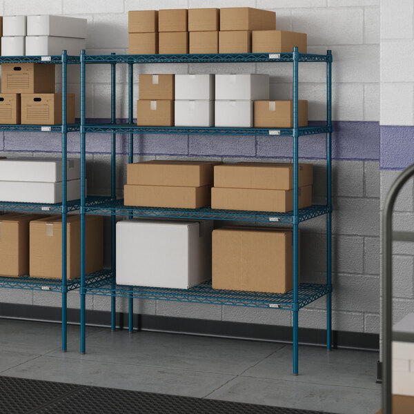 Blue Lavex Pro wire shelving with white boxes on the shelves.
