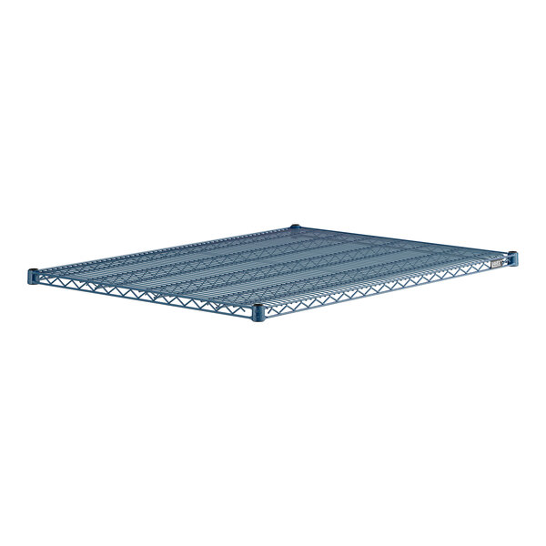 A blue metal Lavex Pro wire shelf with a metal frame.