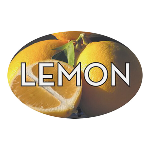 A close up of a lemon oval label with the words "Lemon Bakery" and a green leaf.