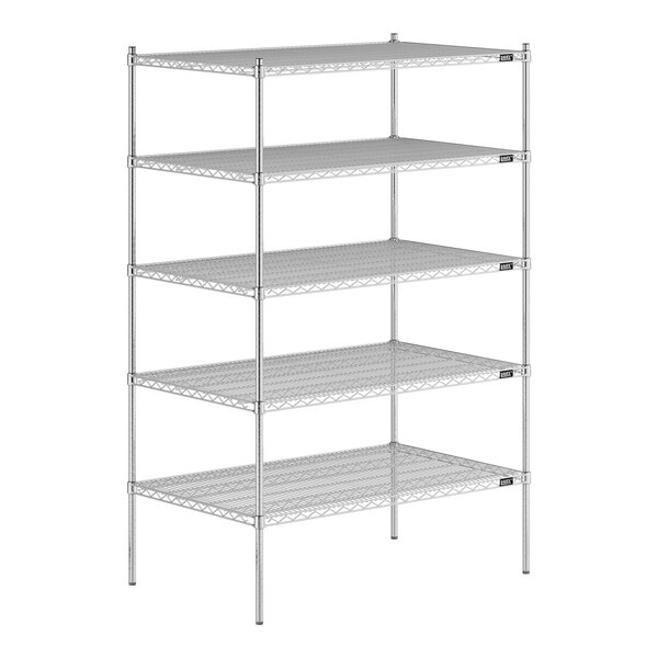 A Lavex Pro chrome wire shelving unit with shelves.