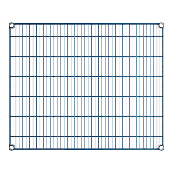 A blue wire shelf with a grid pattern on a white background.