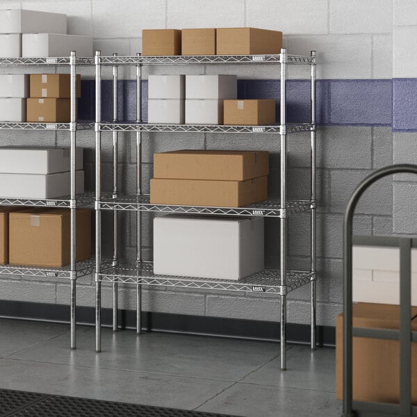 A metal Lavex Pro wire shelving unit with boxes on it.