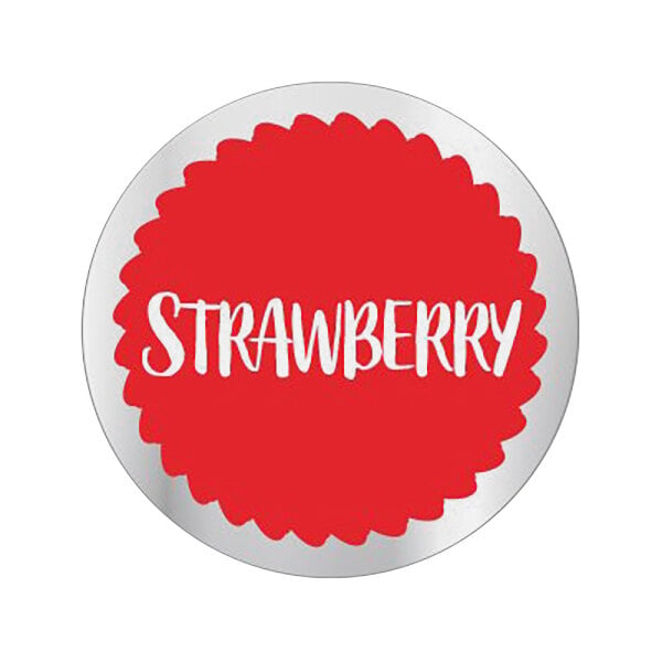 A white round sticker with a red border and the word "strawberry" in white.