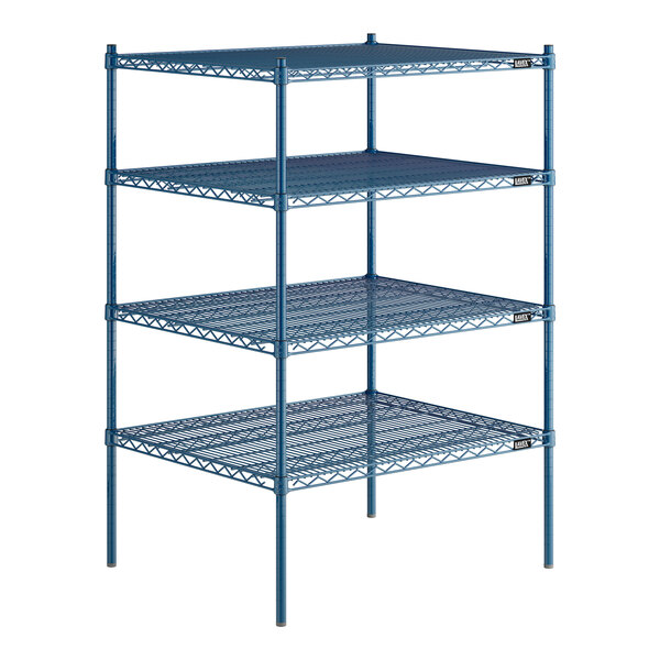 A blue metal Lavex Pro wire shelving unit with four shelves.