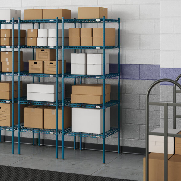 Blue Lavex Pro wire shelving with white boxes on the shelves.