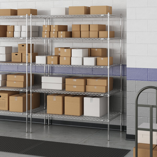 A metal Lavex Pro wire shelving unit with boxes on the shelves.