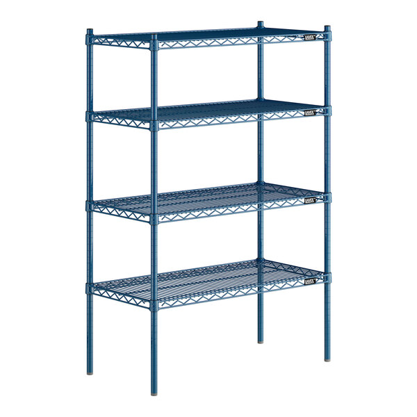 A blue metal Lavex Pro wire shelving unit with four shelves.