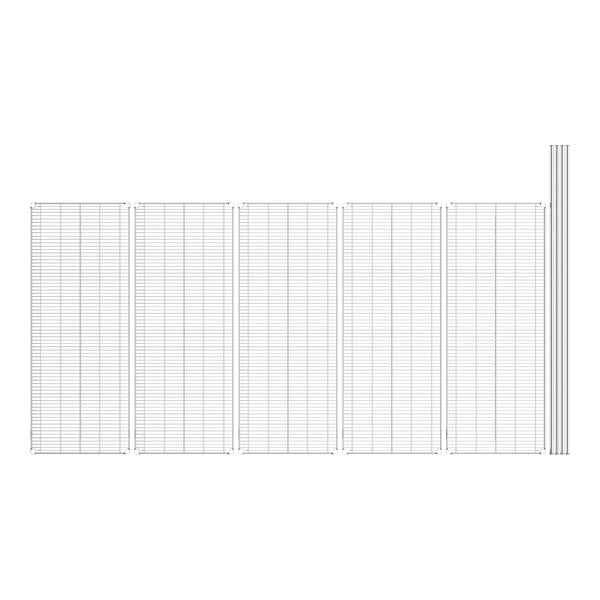 A white wall with a Lavex Pro chrome wire grid shelf.