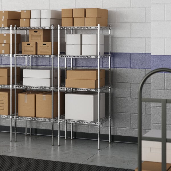 A metal Lavex Pro wire shelving unit with boxes on the shelves.