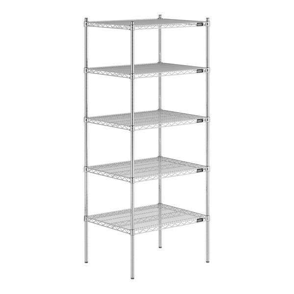 A Lavex Pro chrome wire shelving unit with four metal shelves.