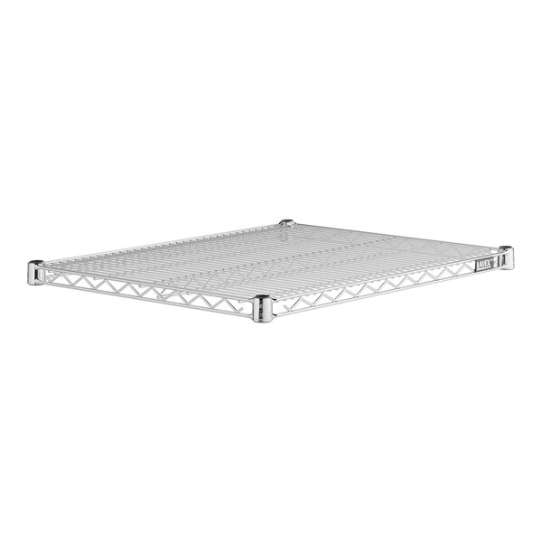 A Lavex Pro chrome wire shelf with metal shelves.