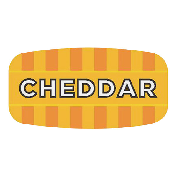 A white rectangular Bollin bakery label with a yellow and orange striped background and white letters that spell "Cheddar"