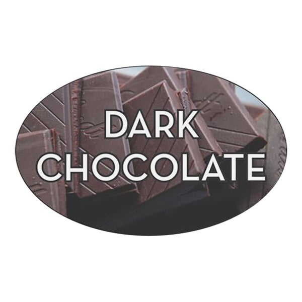 A white oval label with dark chocolate text and border.