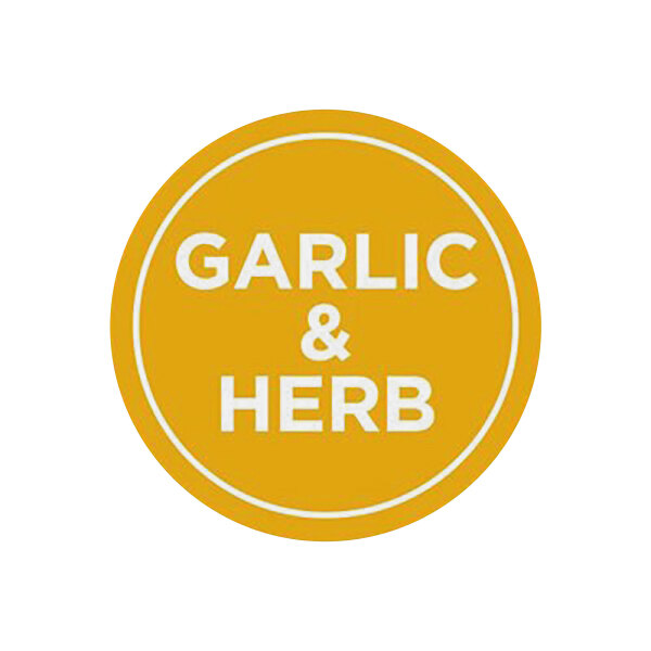 A yellow circle food label with white text that says "Garlic & Herb" and a white border.