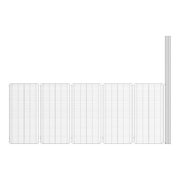 A row of white grid shelves on a white wall.