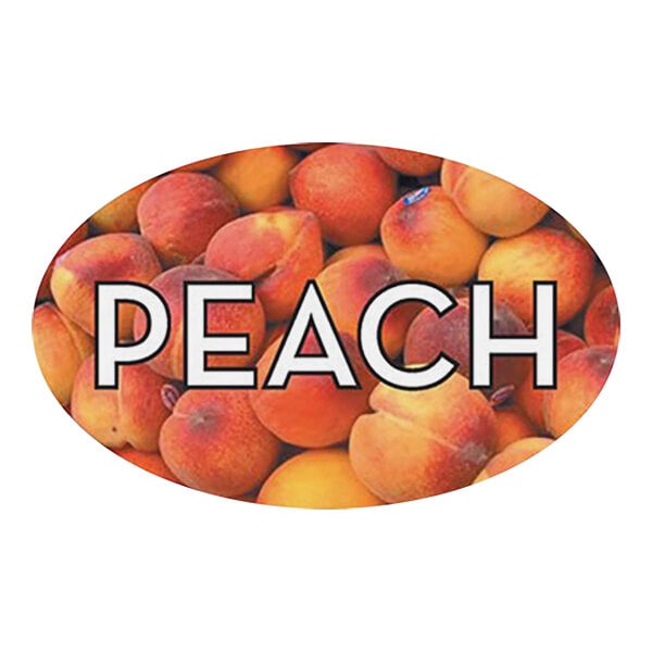 A peach oval sticker with white text that says "Peach"
